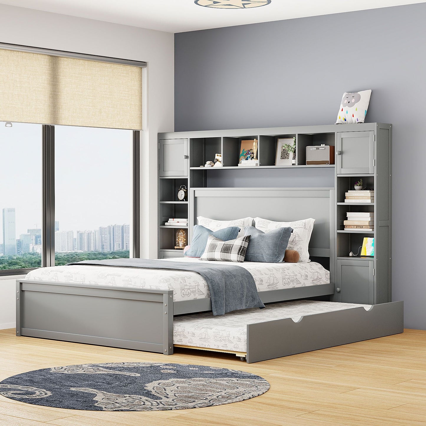Queen Size Wooden Bed With All-in-One Cabinet, Shelf and Sockets,Twin XL Trundle, Gray New Era Fashion LLc