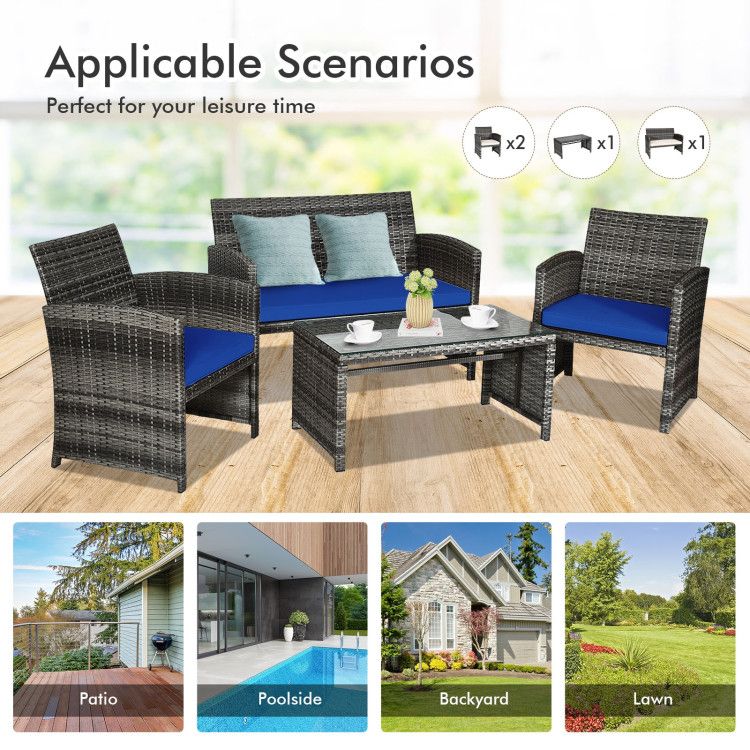 4 Pieces Patio Rattan Furniture Set with Glass Table and Loveseat New Era Fashion LLc