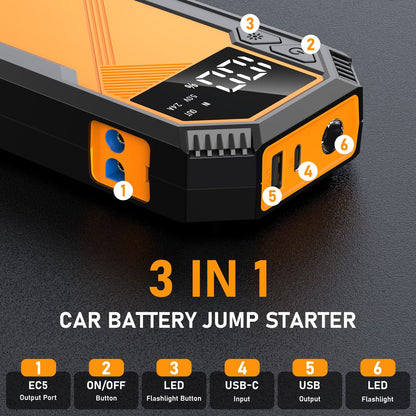 5000A Car Jump Starter 7.2L Gas or 6.5L Diesel 44.4W Portable Power Bank LED Flashlight 12V Jumper Box 10 Protections Built in Comprehensive Protection New Era Fashion LLc
