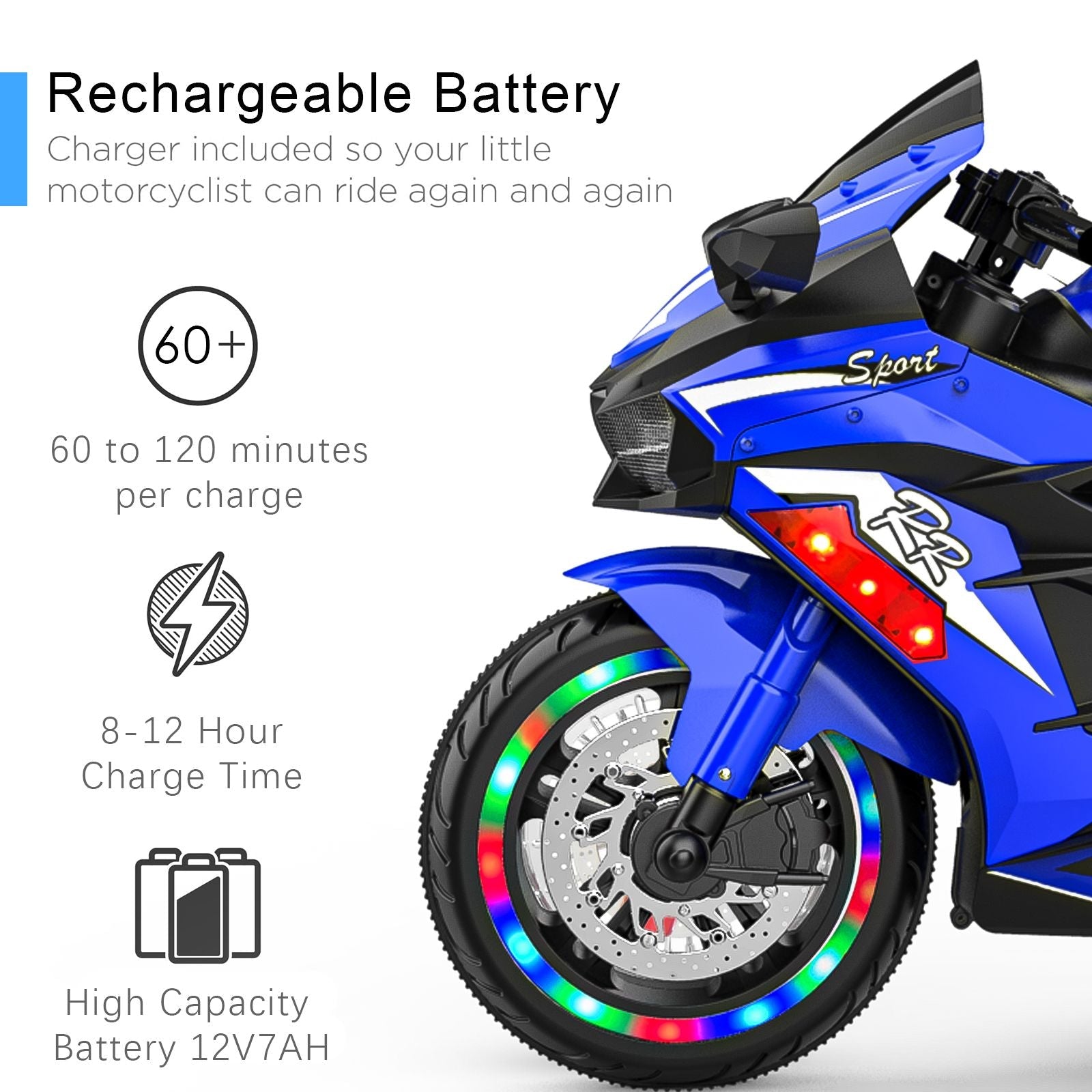 Kids Powered Ride-ons Toy, Kids Motorcycle for 3-6 Years, 12V Electric Ride on Motorcycle with Light Wheel & Bluetooth Music-Blue New Era Fashion LLc