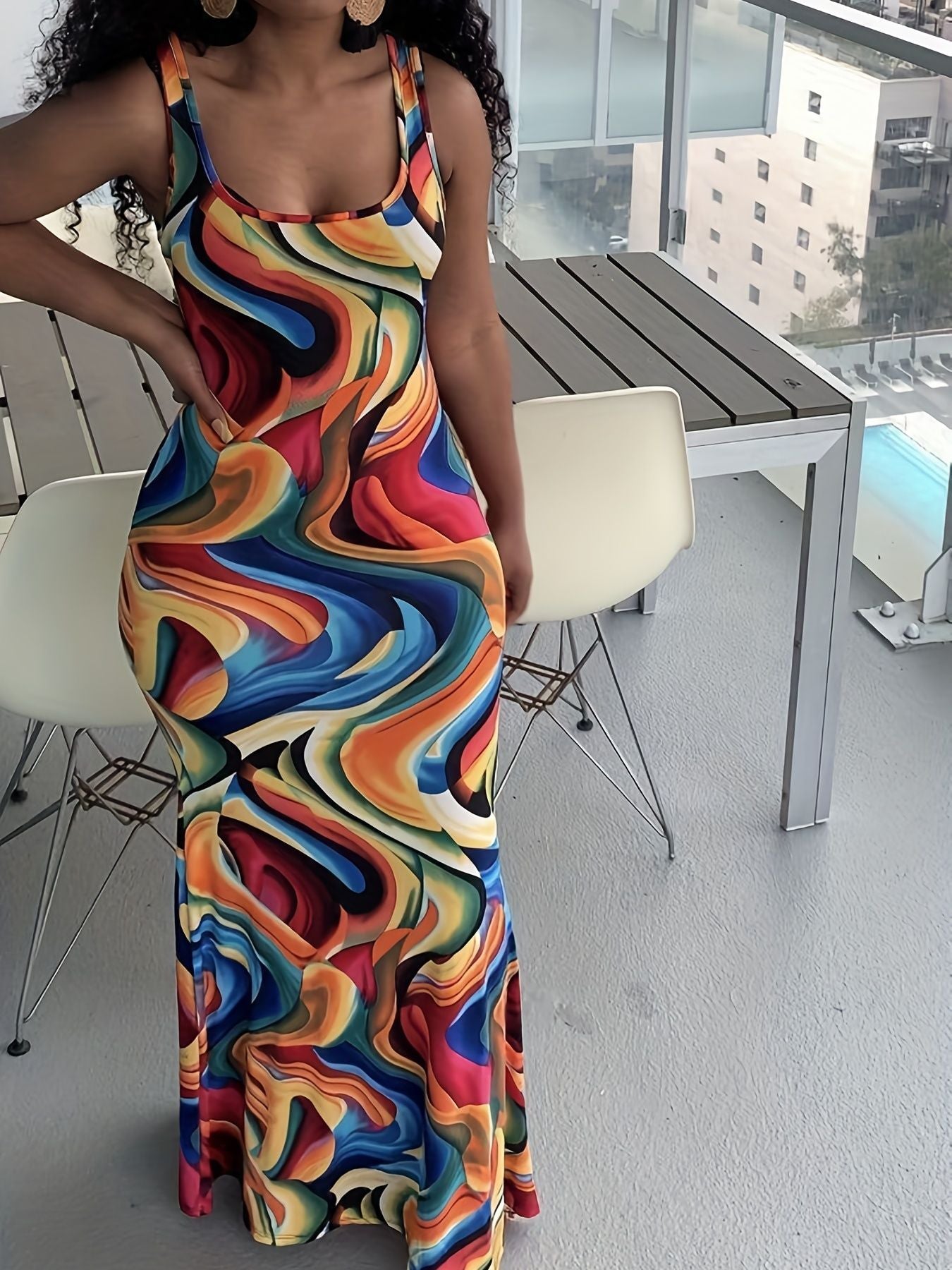 Abstract Ripple Print Dress, Sexy U Neck Sleeveless Bodycon Maxi Dress, Women's Clothing New Era Fashion LLc