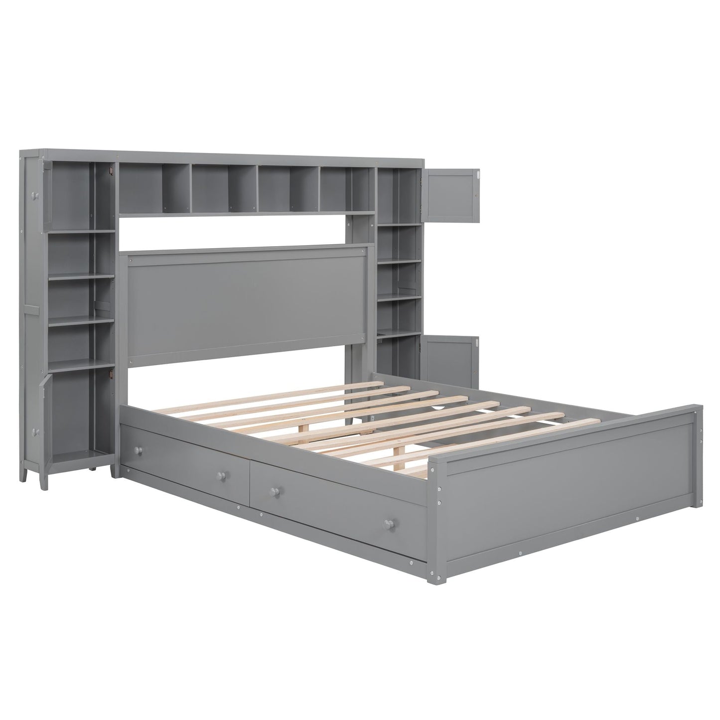 Queen Size Wooden Bed With All-in-One Cabinet, Shelf and Sockets,Twin XL Trundle, Gray New Era Fashion LLc
