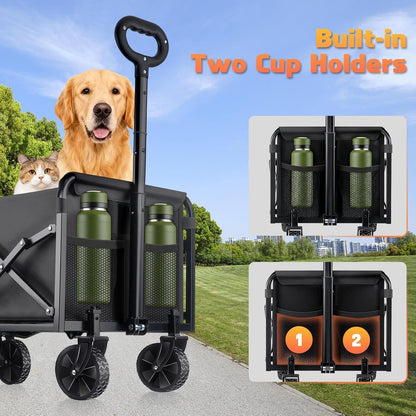 Collapsible Foldable Wagon Cart with Wheels - 220LBS Heavy Duty Folding Wagon Carts, Portable Lightweight Utility Wagon with All-Terrain Wheels & 2 Cup Holders, Grocery/Beach/Sports/Shopping/Black New Era Fashion LLc