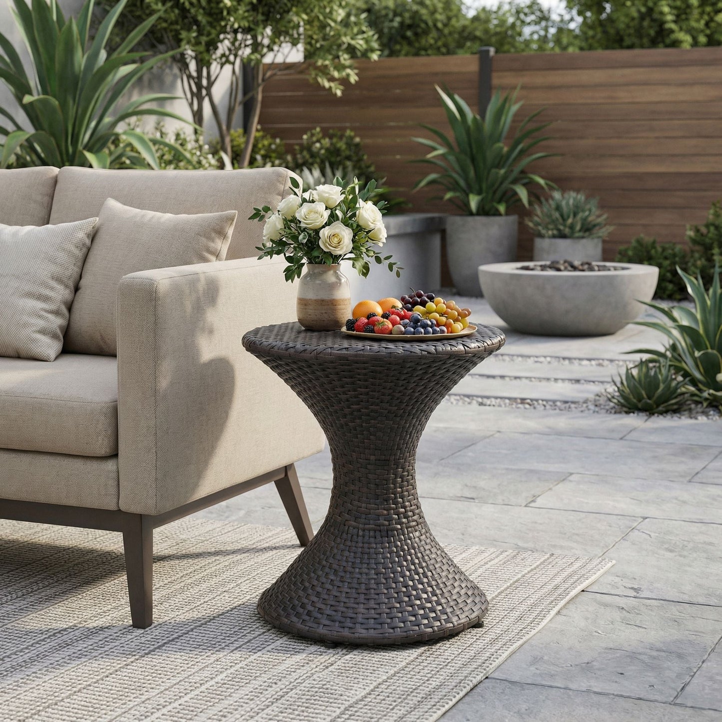 Outdoor 16-inch Multi-brown Wicker Hourgla Side Table New Era Fashion LLc