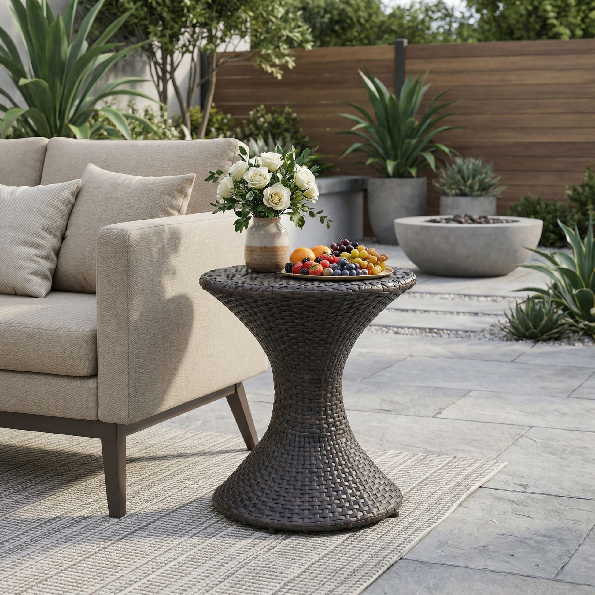 Outdoor 16-inch Multi-brown Wicker Hourgla Side Table New Era Fashion LLc