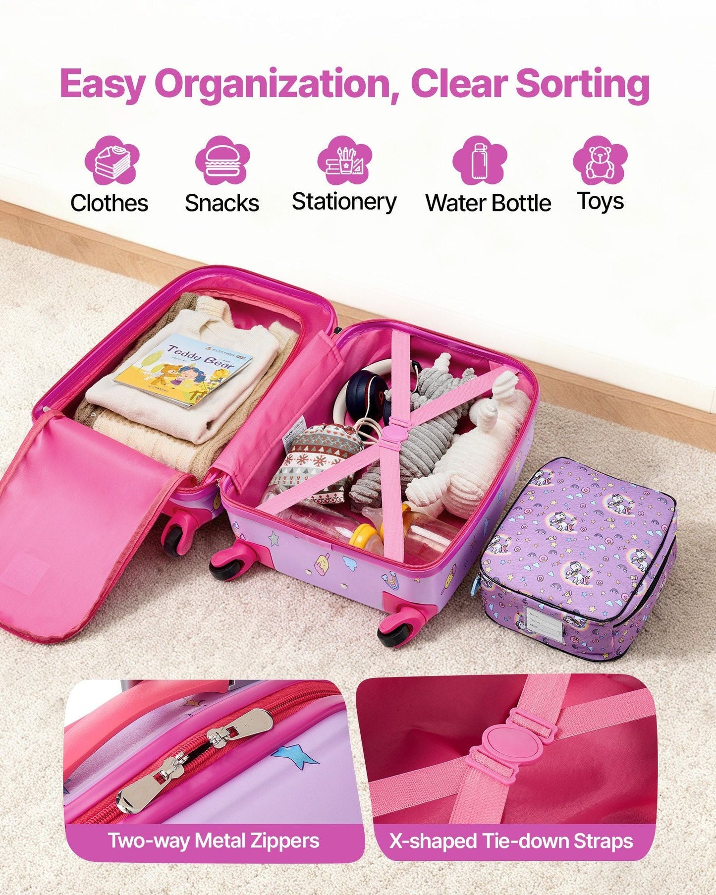 Kids Luggage Set, 5 Piece, 18 Inch Hardside Rolling Wheels Suitcase with Backpack & U-shape Pillow, Unicorn Kids Carry on Luggage Set, Holiday Birthday Gift for Girls Boys, Airline Approved New Era Fashion LLc