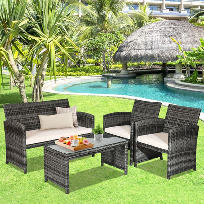 4 Pieces Patio Rattan Furniture Set with Glass Table and Loveseat New Era Fashion LLc