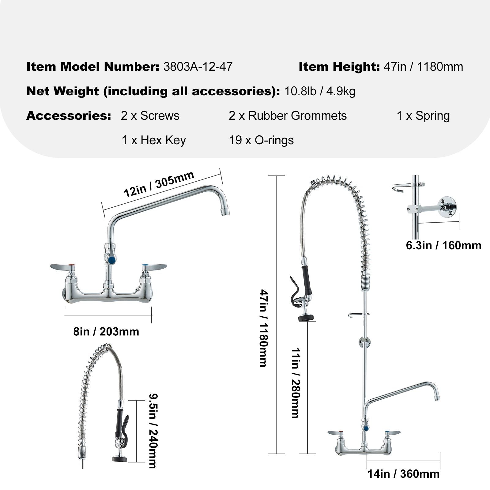 Wall-Mounted Kitchen Faucet, 47" Tall, 8" Apart, with 12" Rotating Spout and Pre-Rinse Spray, Brass Build, Pull-Down Feature for Multi-Compartment Sinks New Era Fashion LLc