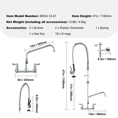 Wall-Mounted Kitchen Faucet, 47" Tall, 8" Apart, with 12" Rotating Spout and Pre-Rinse Spray, Brass Build, Pull-Down Feature for Multi-Compartment Sinks New Era Fashion LLc