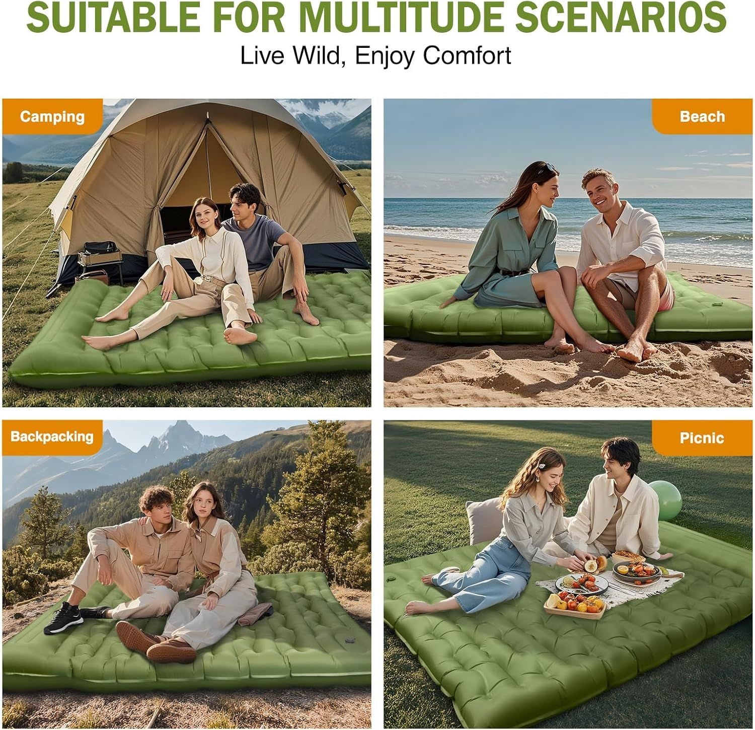 Camping Sleeping Pad, Ultralight Camping Mat with Pillow Built-in Foot Pump, 4" Thick Inflatable Sleeping Mat Compact for Backpacking, Hiking, Car Traveling, Camp Tent New Era Fashion LLc