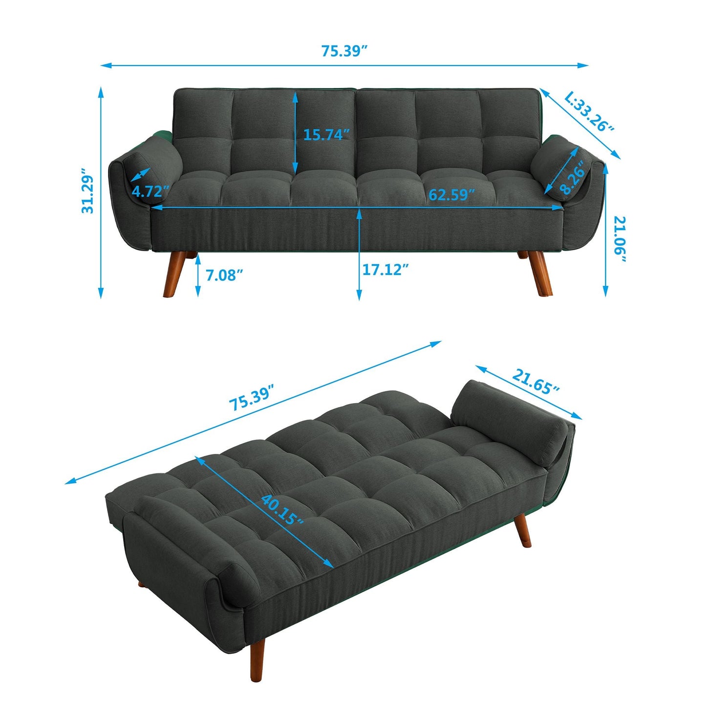 75" Flared Arm Convertible Sleeper Sofa-Dark Gray New Era Fashion LLc