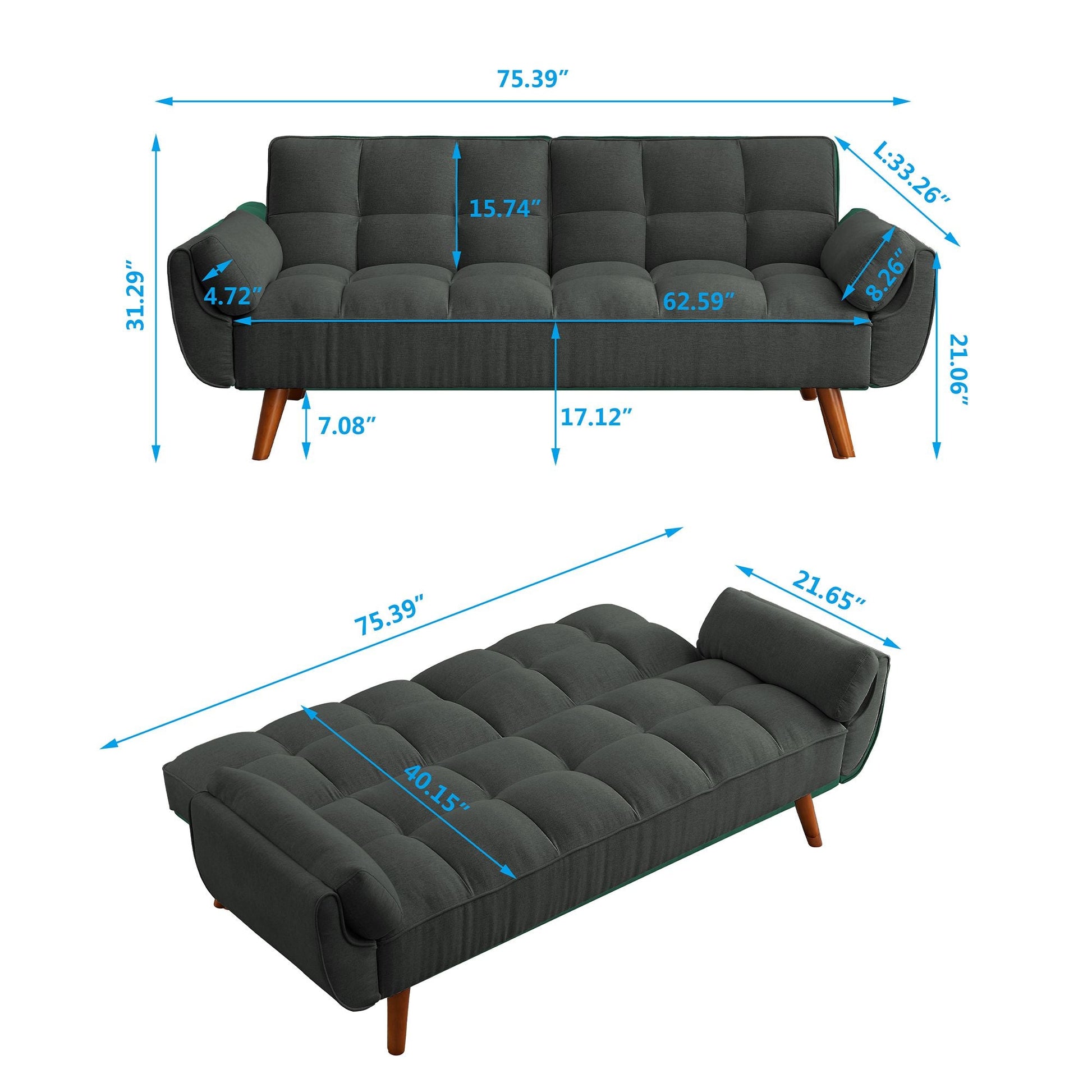 75" Flared Arm Convertible Sleeper Sofa-Dark Gray New Era Fashion LLc