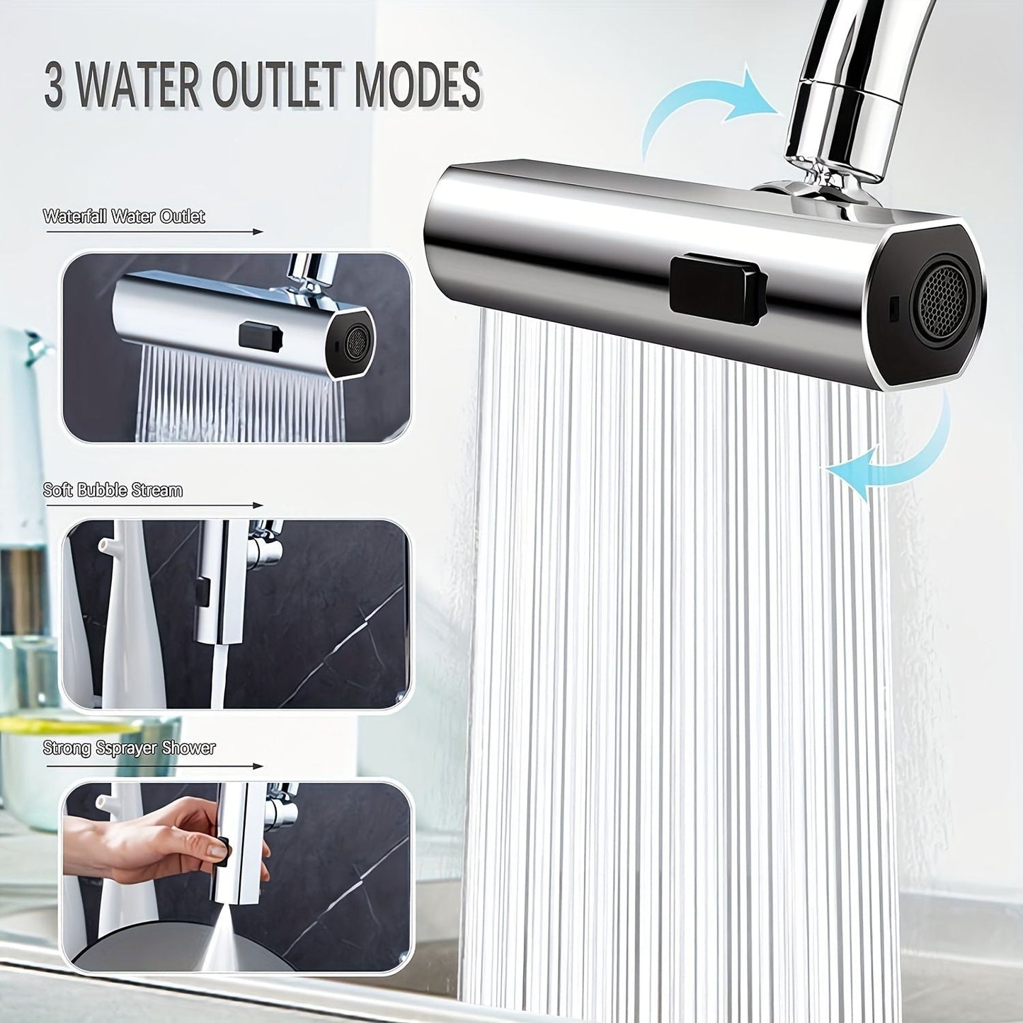 3 in 1 Large-Scale 360° Waterfall Kitchen Faucet - Touch-Controlled, Swivel Spout, Extender for Kitchen Sink, Vegetable and Fruit Washing - Zinc Alloy Construction, Chrome Finish, Contemporary Style New Era Fashion LLc