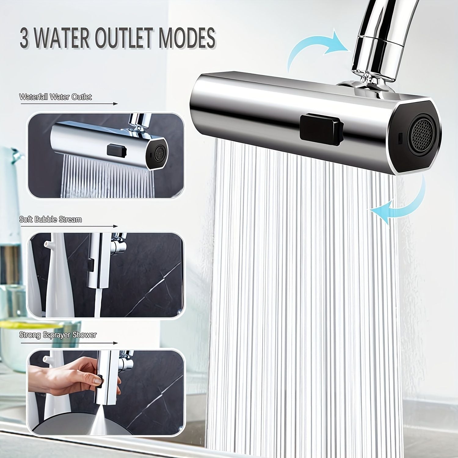 3 in 1 Large-Scale 360° Waterfall Kitchen Faucet - Touch-Controlled, Swivel Spout, Extender for Kitchen Sink, Vegetable and Fruit Washing - Zinc Alloy Construction, Chrome Finish, Contemporary Style New Era Fashion LLc