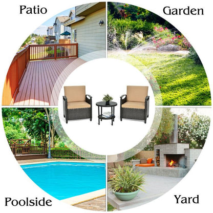 3 Pieces Patio Rattan Furniture Set Cushioned Sofa Storage Table with Shelf Garden New Era Fashion LLc