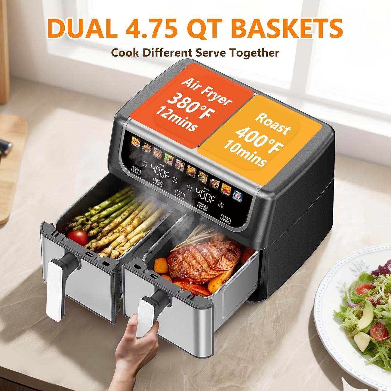 9.5 Quart Large Dual Basket Air Fryer with Double Basket, Independent Temp Control & Sync Mode, 10 Presets (Bake/Broil/Defrost/Dehydrate), Shake Reminder System, Compatible for Plug for Appliance New Era Fashion LLc