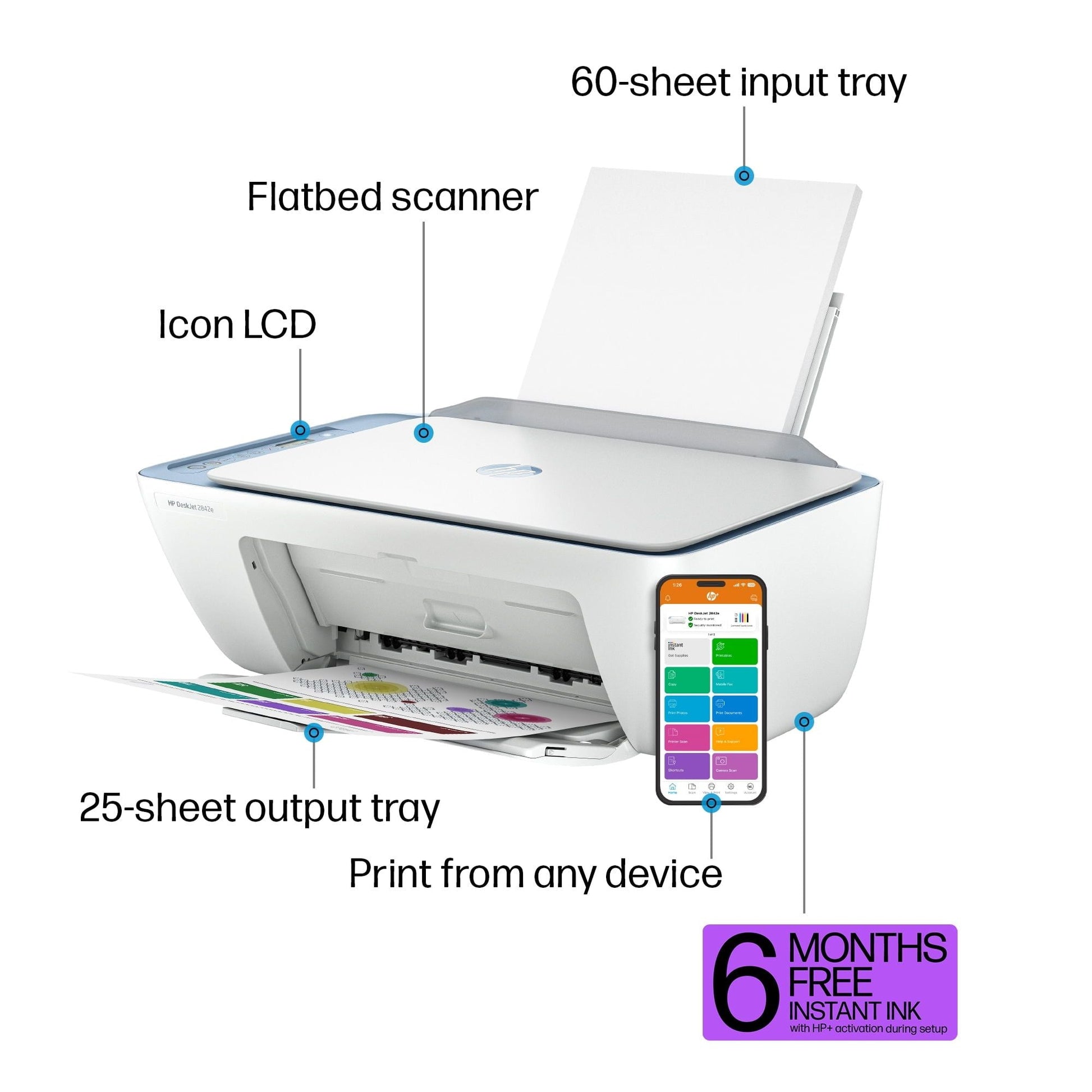 DeskJet 2842e Wireless All-in-One Color Inkjet Printer (Blue), Scanner, Copier, 6 Months Instant Ink New Era Fashion LLc