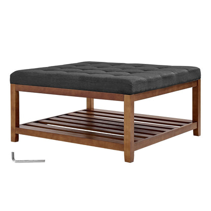 Large Square Ottoman Coffee Table, 34.5 Inch Tufted Coffee Table with Solid Wood Shelf Storage, Linen Solid Upholstered Footrest Ottoman for Bedroom Living Room, 400 LBS, Dark Gray New Era Fashion LLc