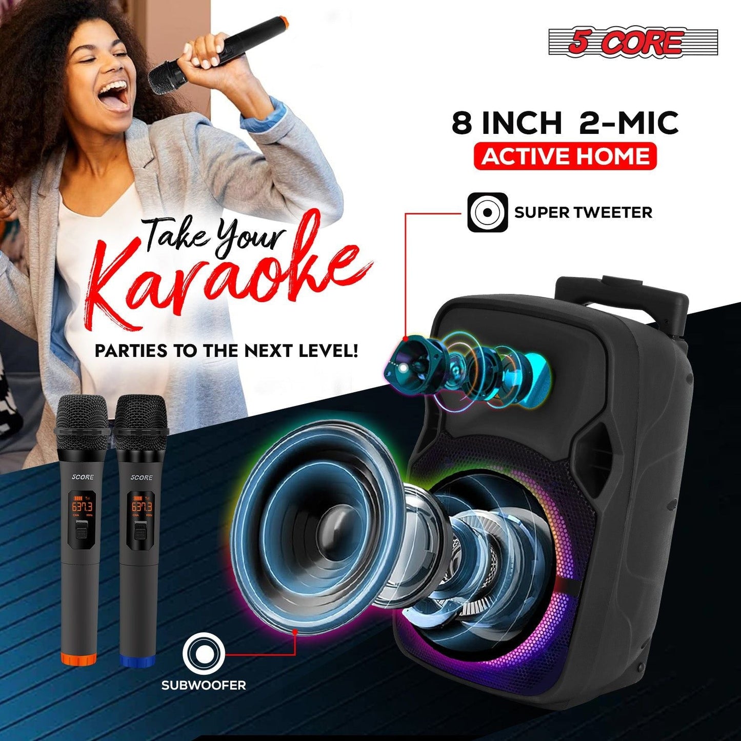 5 Core Party Speaker Bluetooth 250W Big Monster Powered Rechargeable Outdoor PA DJ System w Disco Lights 2 Wireless Karaoke Mics Portable Rolling Speakers w Handle Black - ACTIVE HOME 8 2-MIC New Era Fashion LLc