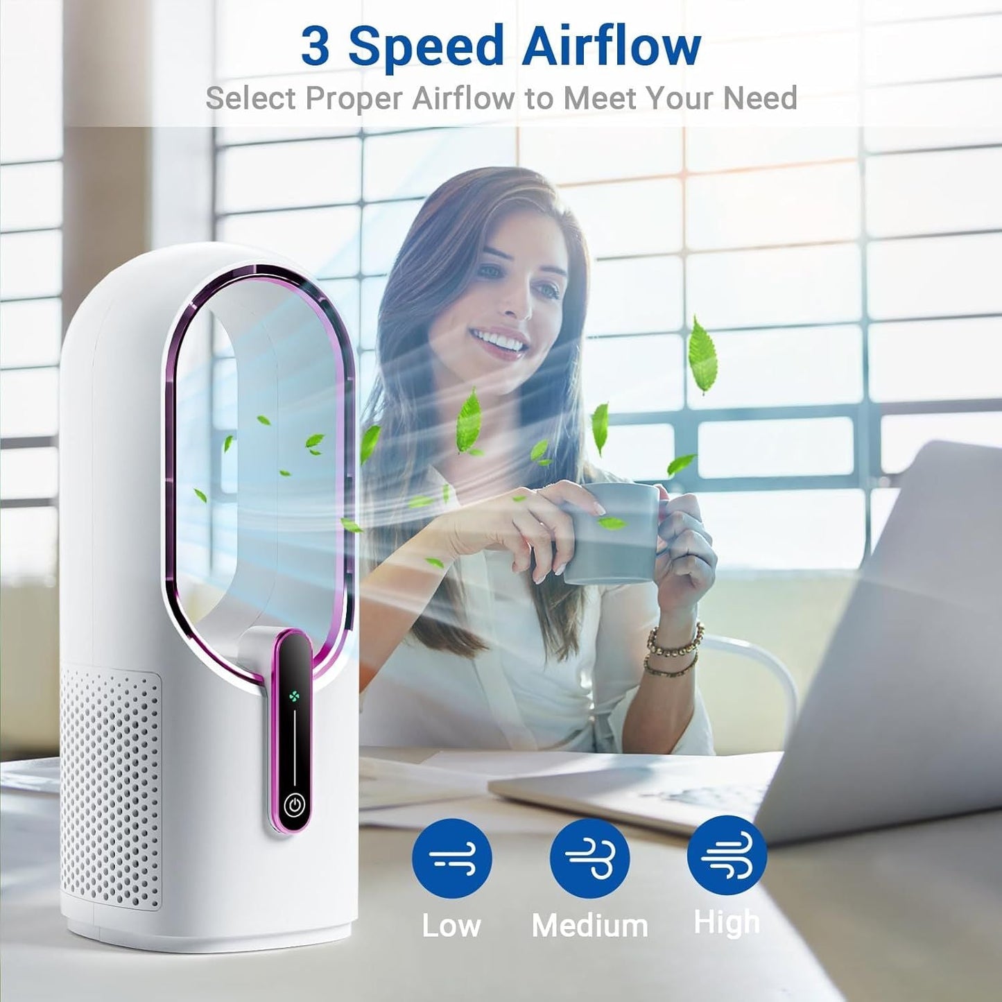 Bladeless Desk Fan, 11.8 Inch Small Rechargeable Fan, Quiet Office Fan, 3 Speeds, Touch Control, Easy to Clean, Desk Fan Small Quiet, Ideal for Home, Office, Travel New Era Fashion LLc