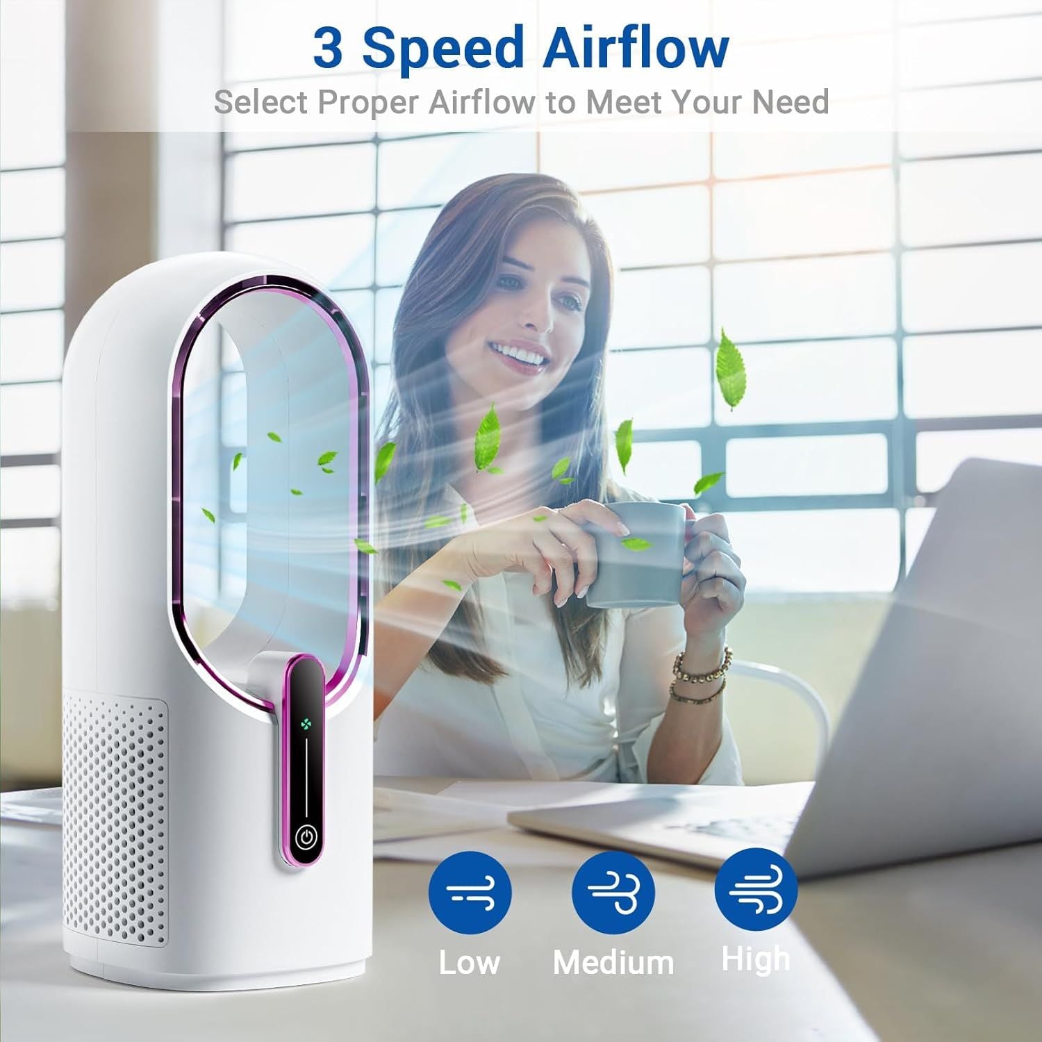 Bladeless Desk Fan, 11.8 Inch Small Rechargeable Fan, Quiet Office Fan, 3 Speeds, Touch Control, Easy to Clean, Desk Fan Small Quiet, Ideal for Home, Office, Travel New Era Fashion LLc