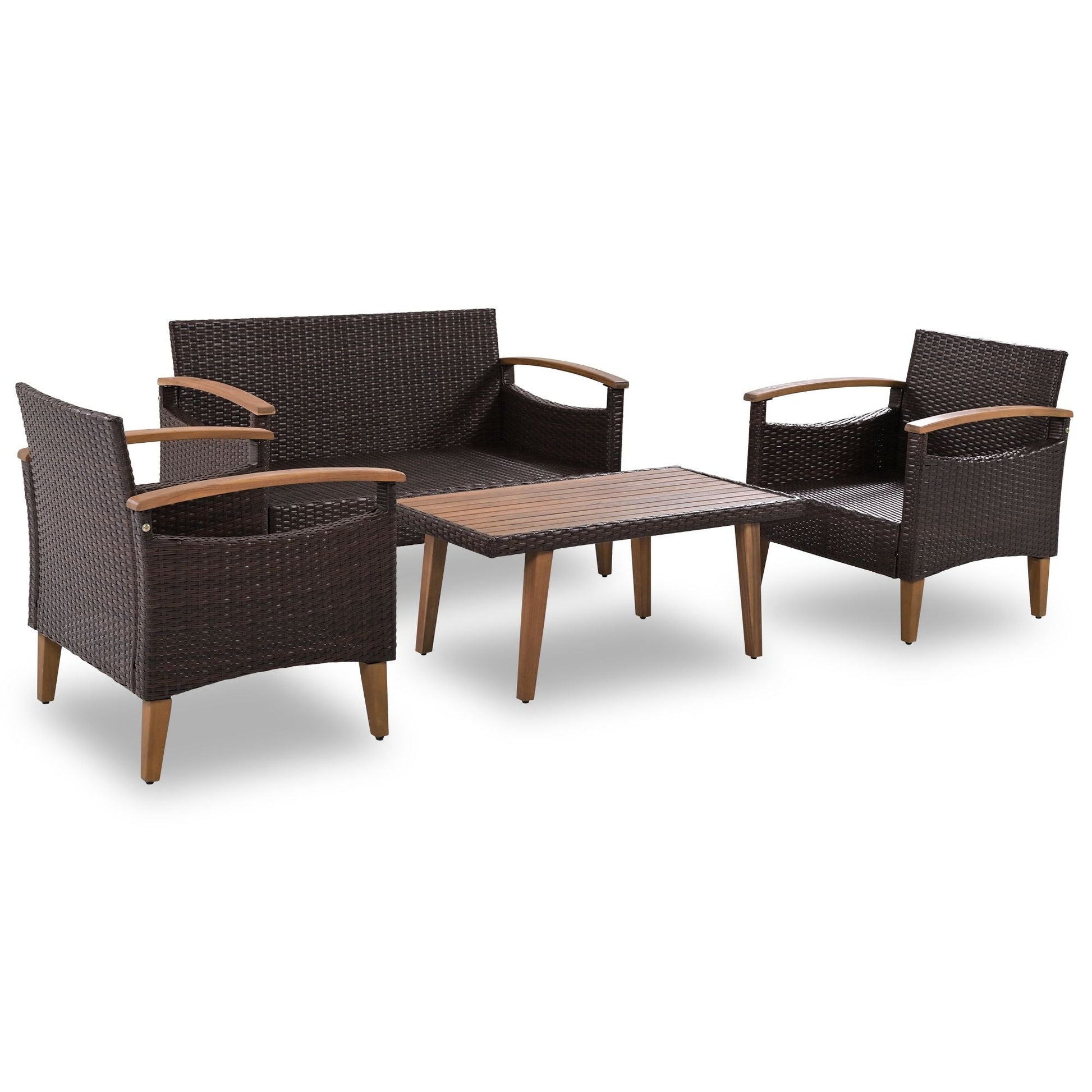 4-Piece Garden Furniture; Patio Seating Set; PE Rattan Outdoor Sofa Set; Wood Table and Legs; Brown and Beige New Era Fashion LLc