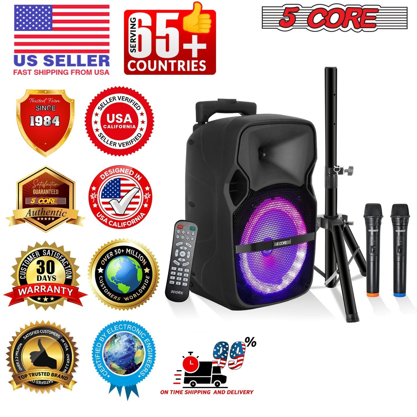 5 Core Party Speaker Bluetooth 250W Big Monster Powered Rechargeable Outdoor PA DJ System w Disco Lights 2 Wireless Karaoke Mics Portable Rolling Speakers w Handle Black - ACTIVE HOME 8 2-MIC New Era Fashion LLc