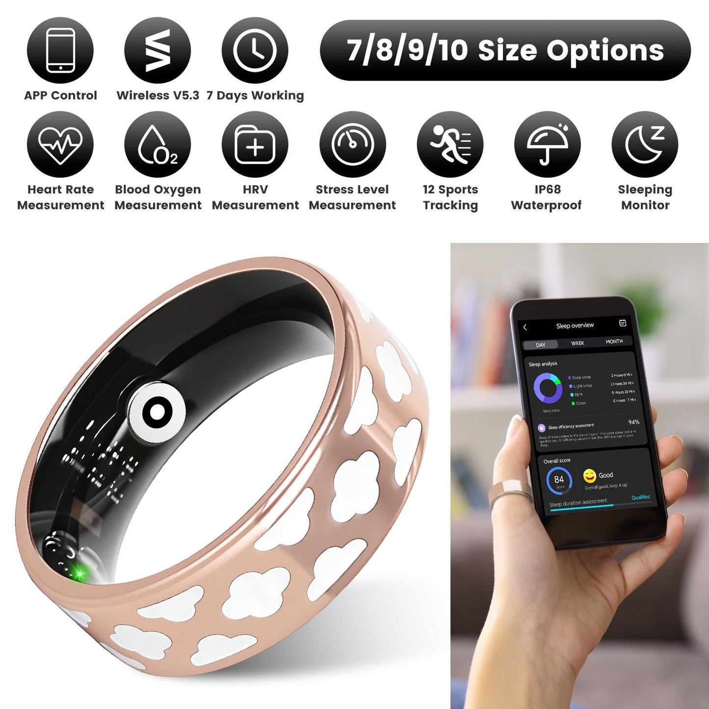 Size7/8/9/10 Options -- 1Pc Smart Ring Health Tracker Fitness/Sleep/Stress/HRV Tracker with Charging Case Magnetic Charging Cable for Women & Men Compatible with iOS & Android 7-Day Battery Life New Era Fashion LLc