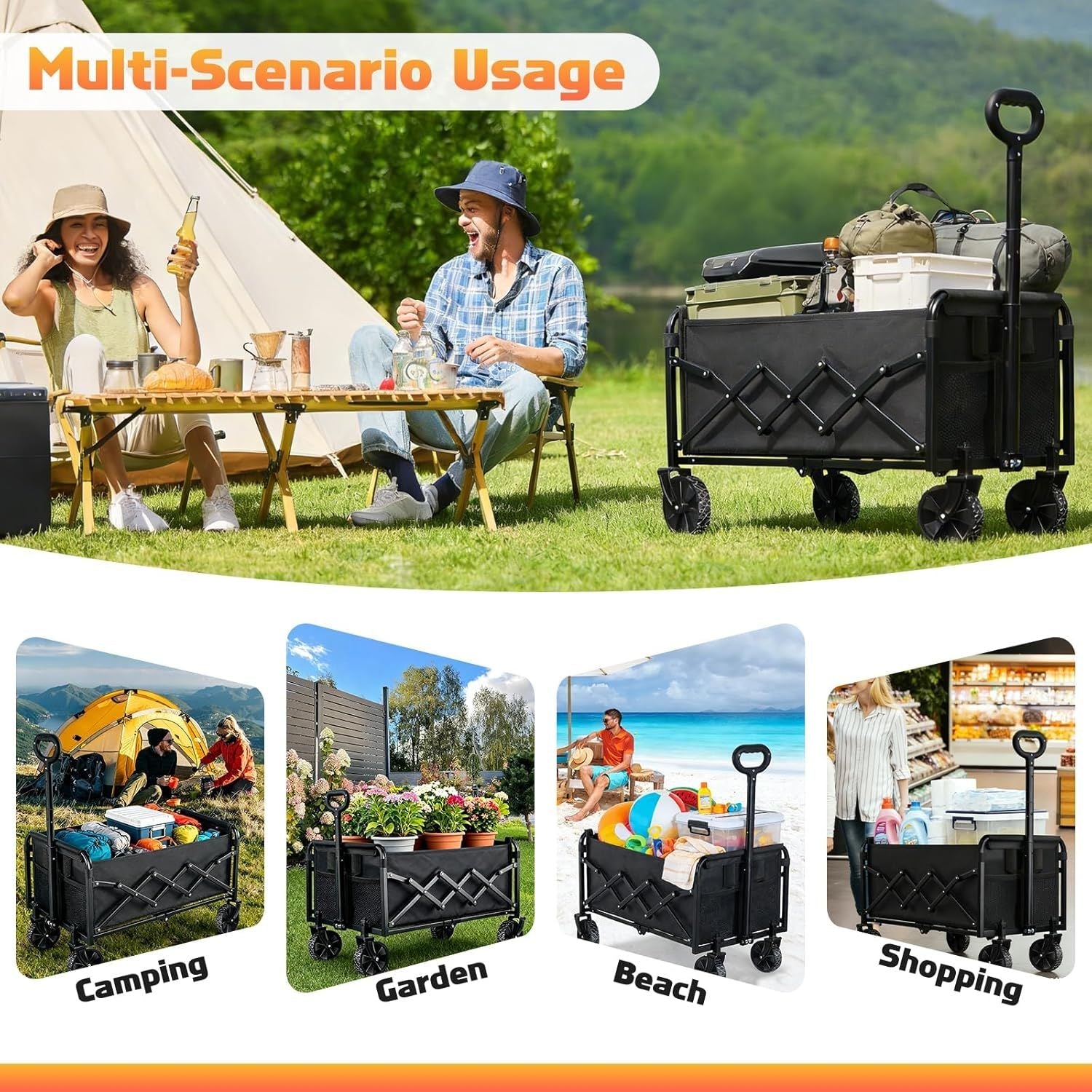 Collapsible Foldable Wagon Cart with Wheels - 220LBS Heavy Duty Folding Wagon Carts, Portable Lightweight Utility Wagon with All-Terrain Wheels & 2 Cup Holders, Grocery/Beach/Sports/Shopping/Black New Era Fashion LLc