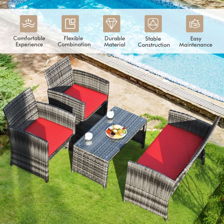 4 Pieces Patio Rattan Furniture Set with Glass Table and Loveseat New Era Fashion LLc