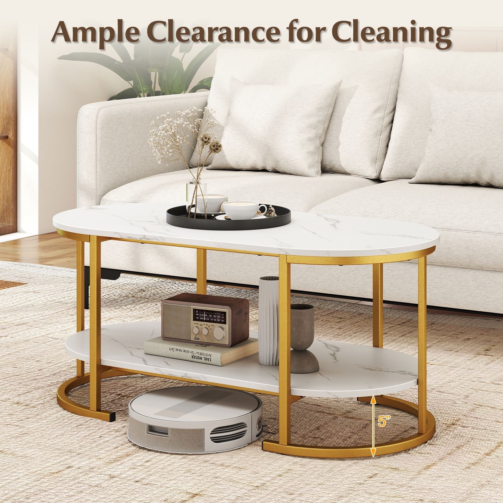 Marble Coffee Table with Open Storage Shelf New Era Fashion LLc