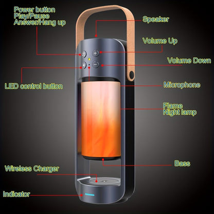 Portable Wireless Flame LED Speaker With Wireless Charger; Speaker With 10 Hours Working Time; 10W Speaker BT 4.2 Version; Mega Bass Sound Quality For Indoor And Outdoor New Era Fashion LLc