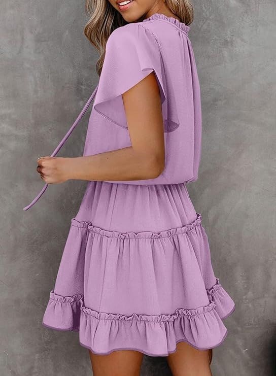 Womens Purple XL Short Sleeve Ruffle V Neck Chiffon Dress Flowy A Line Mini Summer Casual Elegant Lightweight New Era Fashion LLc