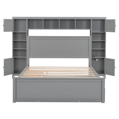 Queen Size Wooden Bed With All-in-One Cabinet, Shelf and Sockets,Twin XL Trundle, Gray New Era Fashion LLc