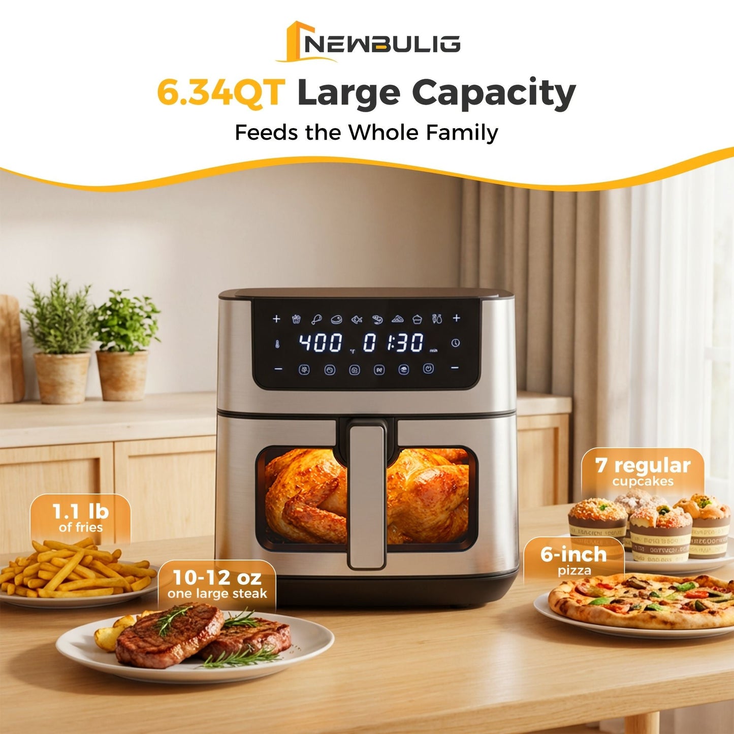 6.34QT Multi-Function Air Fryer with Ceramic Coating Suitable for Roast, Bake, Broil, Dehydrate, Reheat & Keep Warm, Digital Temperature (90°F-450°F), Easy-Clean Cooker for, -Type Plug ( Plug) New Era Fashion LLc