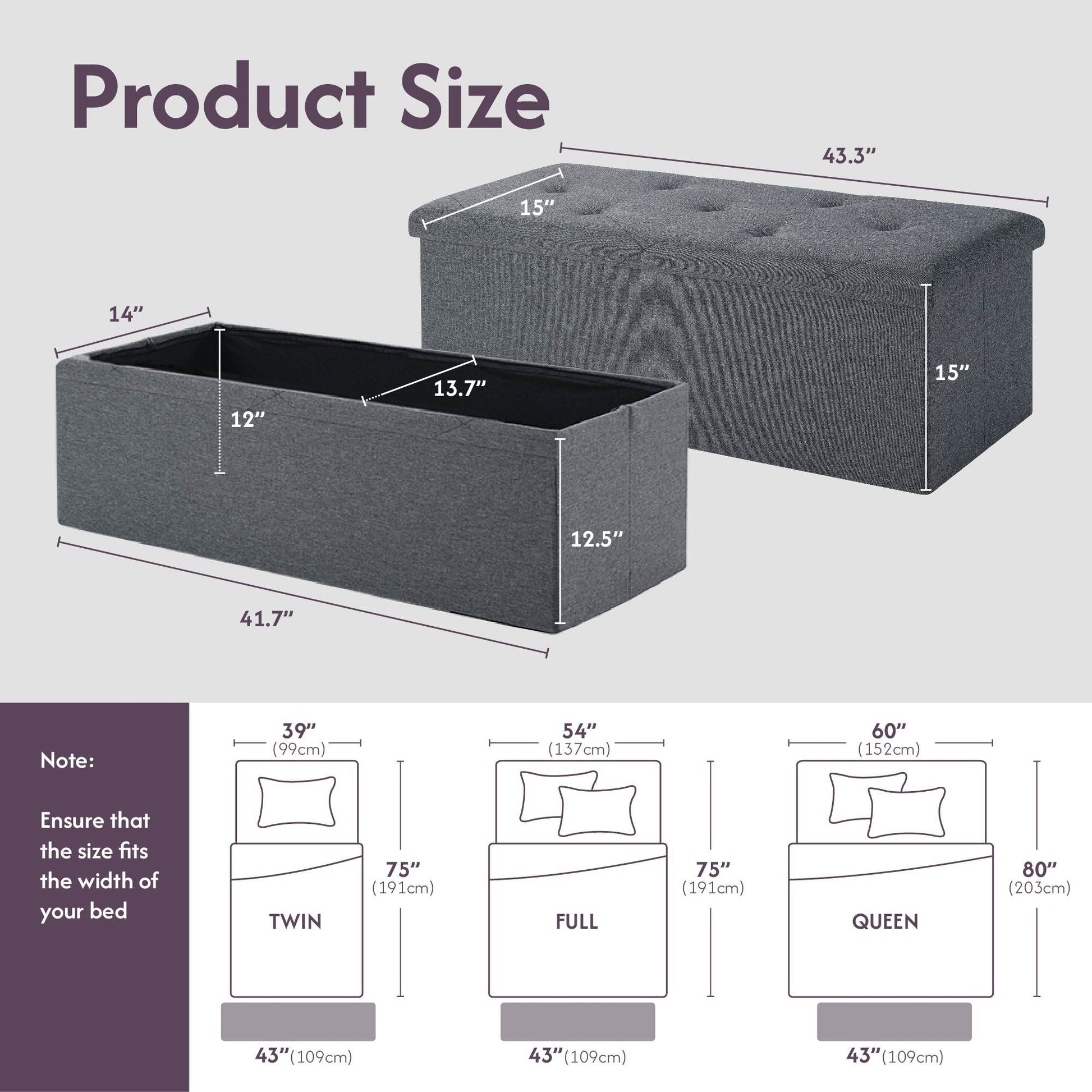 Folding Storage Ottoman Bench, Ottoman Foot Rest, End of Bed Bench, Storage Chest, for Living Room, Bedroom, Entryway, 43 Inches, Gray New Era Fashion LLc