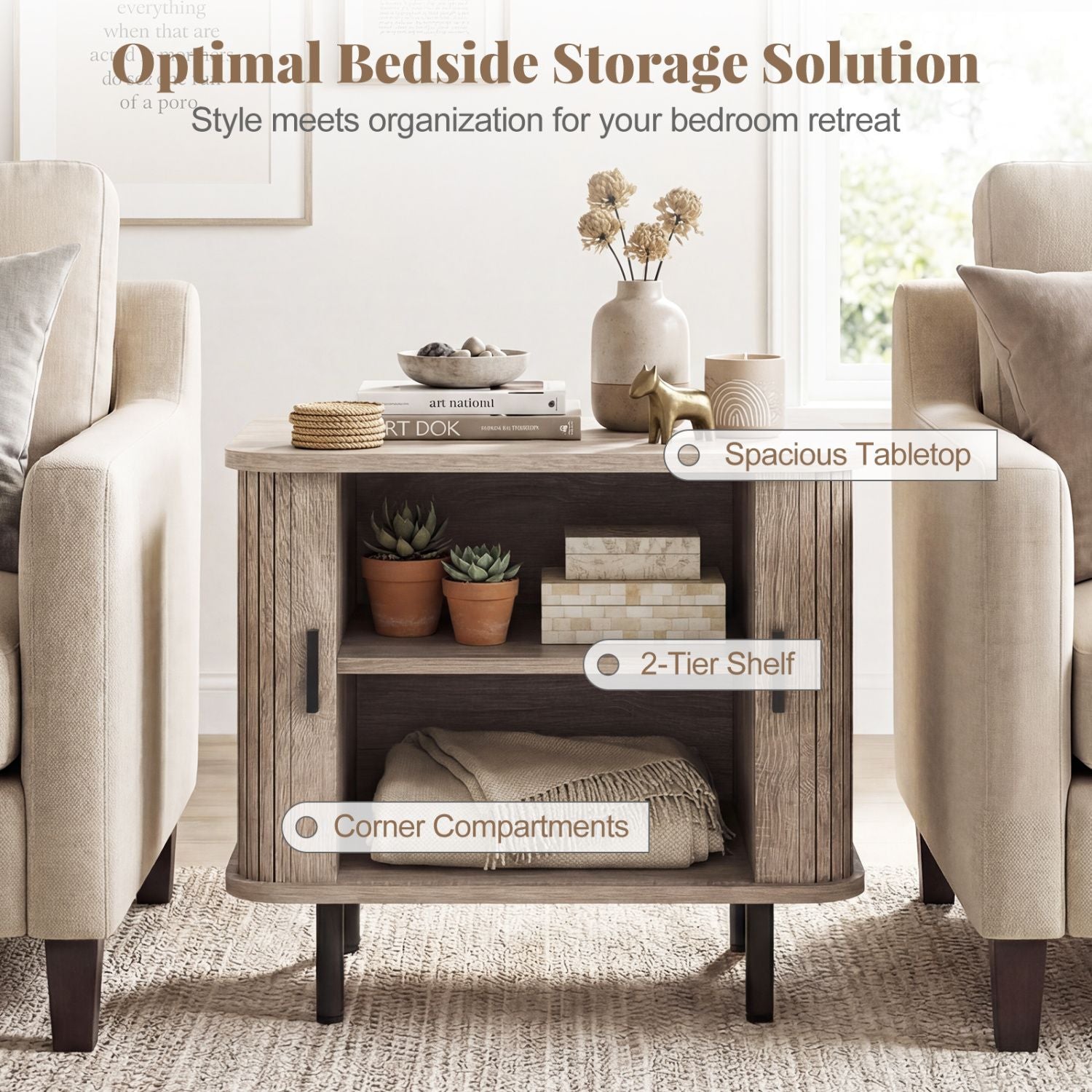 End Table Modern Mid Century Nightstand with Sliding Tambour Doors and Storage Shelf New Era Fashion LLc