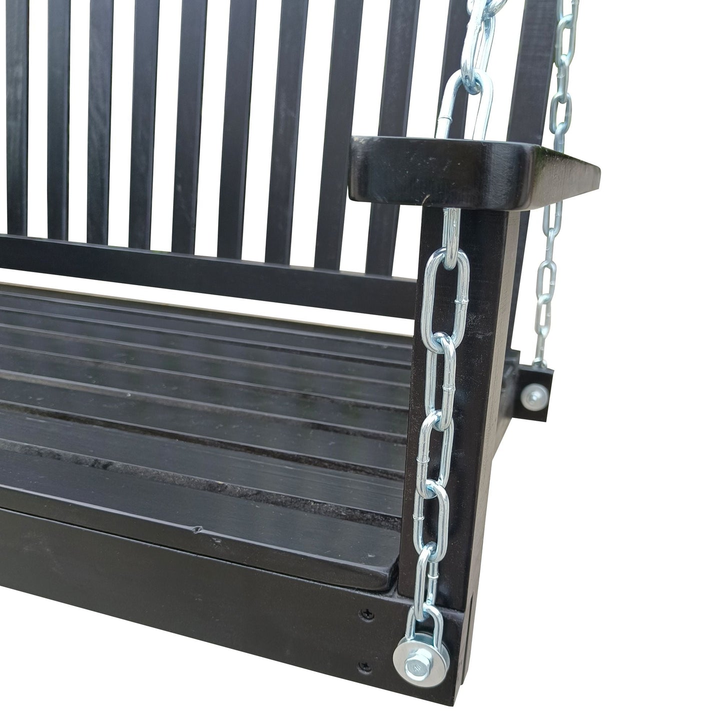 Front Porch Swing with Armrests;  Wood Bench Swing with Hanging Chains; for Outdoor Patio ; Garden Yard;  porch;  backyard;  or sunroom; Easy to Assemble; black New Era Fashion LLc