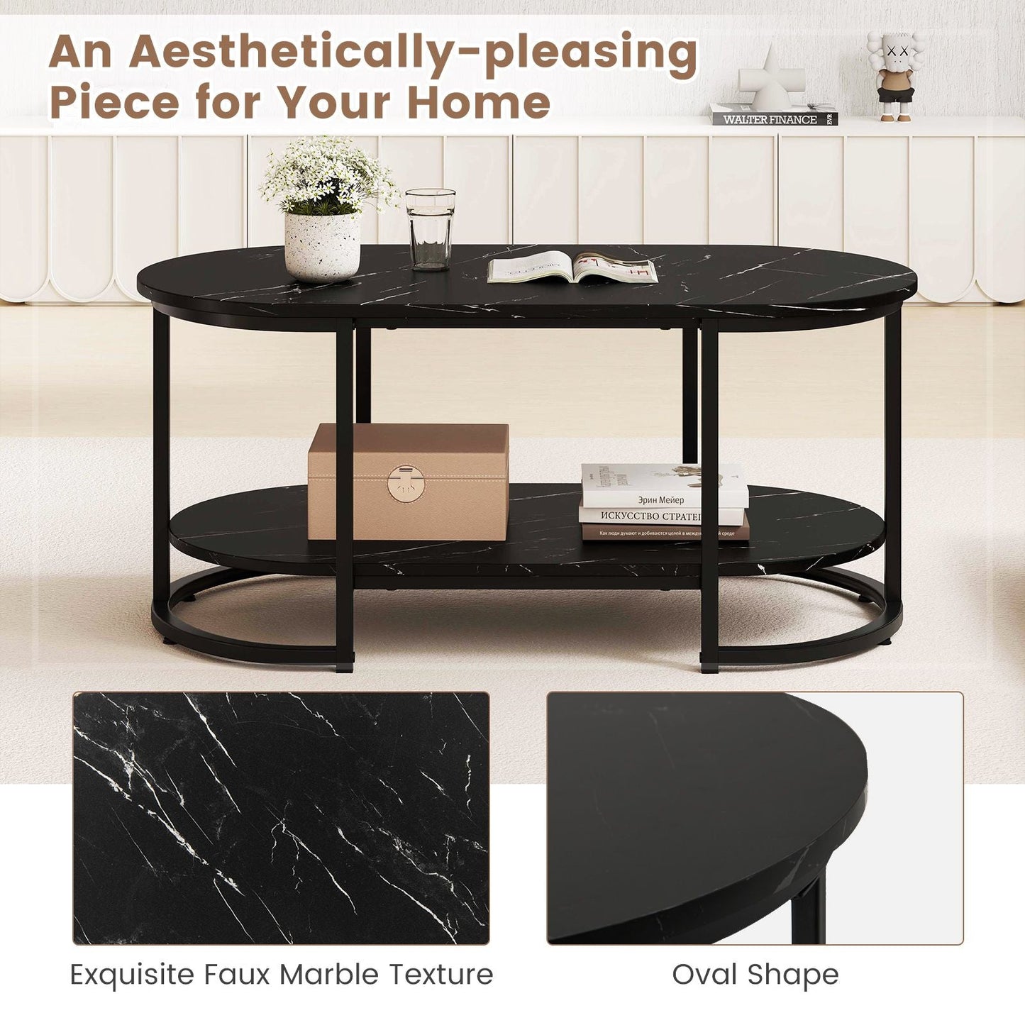 Marble Coffee Table with Open Storage Shelf New Era Fashion LLc