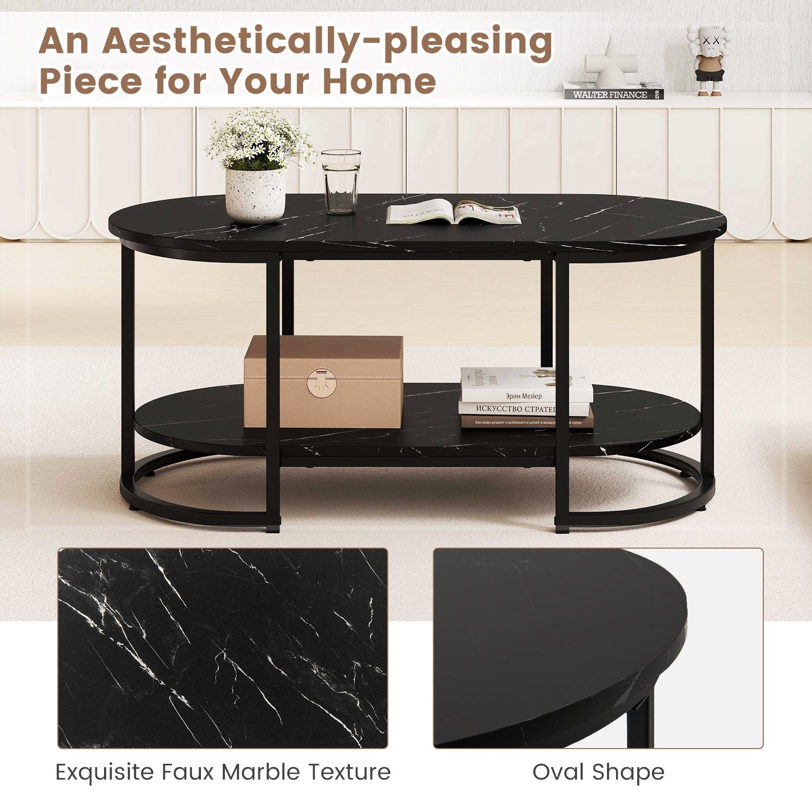 Marble Coffee Table with Open Storage Shelf New Era Fashion LLc
