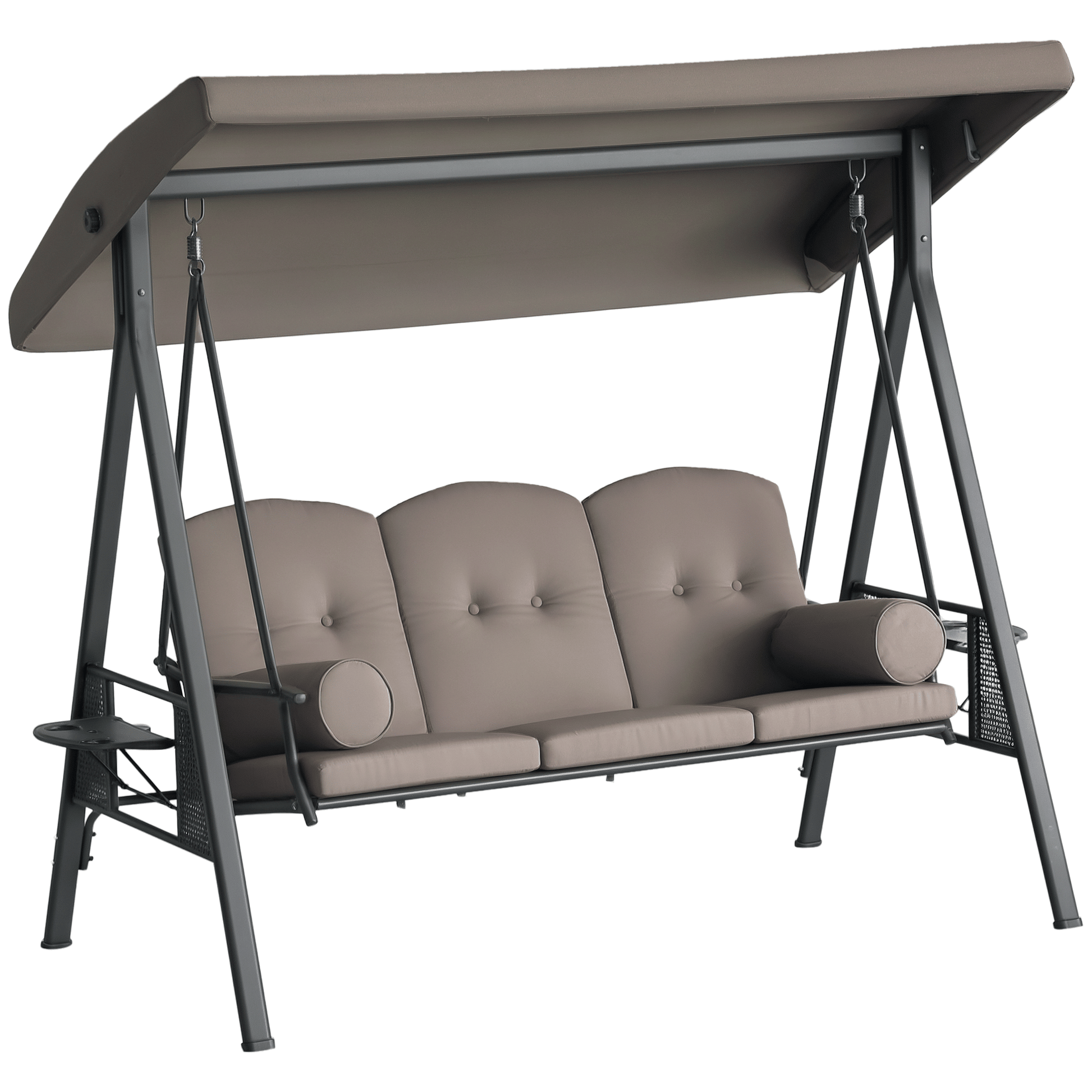 3-Seat Outdoor Patio Swing Chair Porch Glider with Adjustable Canopy Removable Cushion Pillows Side Trays for Garden Poolside Backyard Brown New Era Fashion LLc