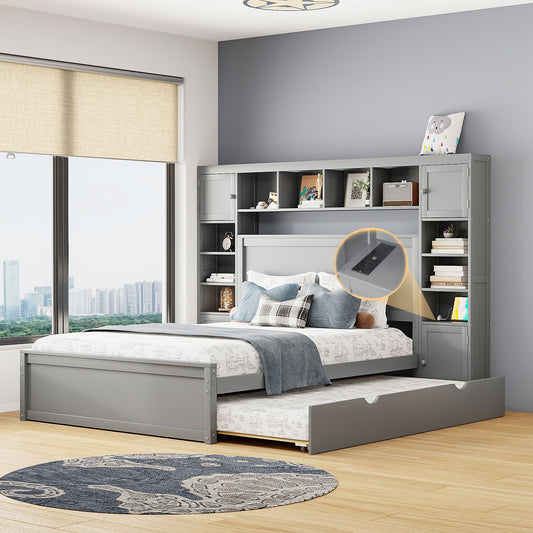 Queen Size Wooden Bed With All-in-One Cabinet, Shelf and Sockets,Twin XL Trundle, Gray New Era Fashion LLc