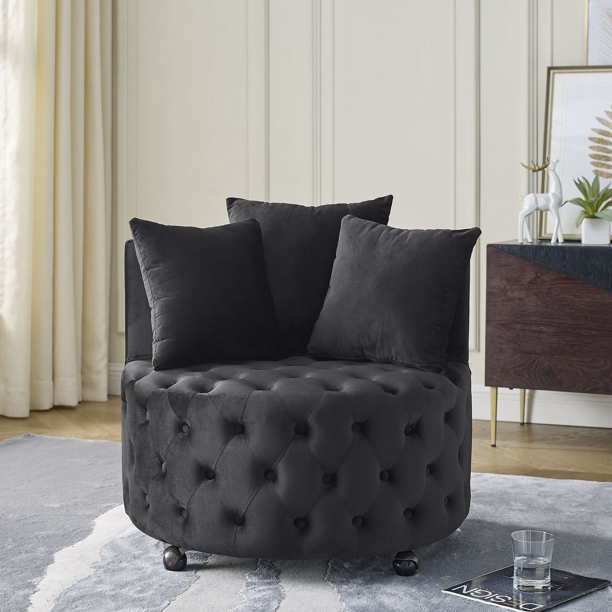 Velvet Upholstered Swivel Chair for Living Room, with Button Tufted Design and Movable Wheels, Including 3 Pillows New Era Fashion LLc