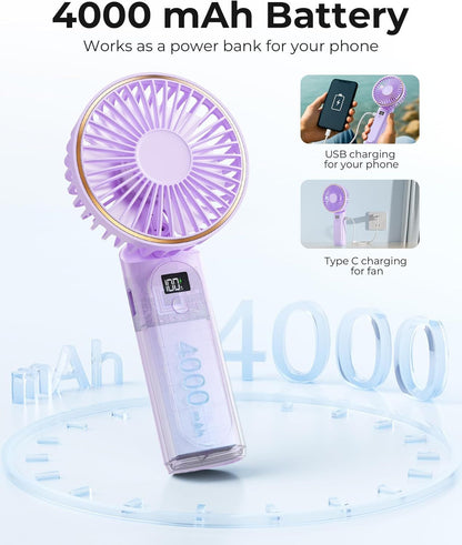 Portable Handheld Fan, Portable Fan Rechargeable, 4000mAh, 180° Adjustable, 6 Speed Wind, Display Electricity in Real Time, USB Rechargeable Foldable F an, Quiet Personal Fan as Power Bank New Era Fashion LLc