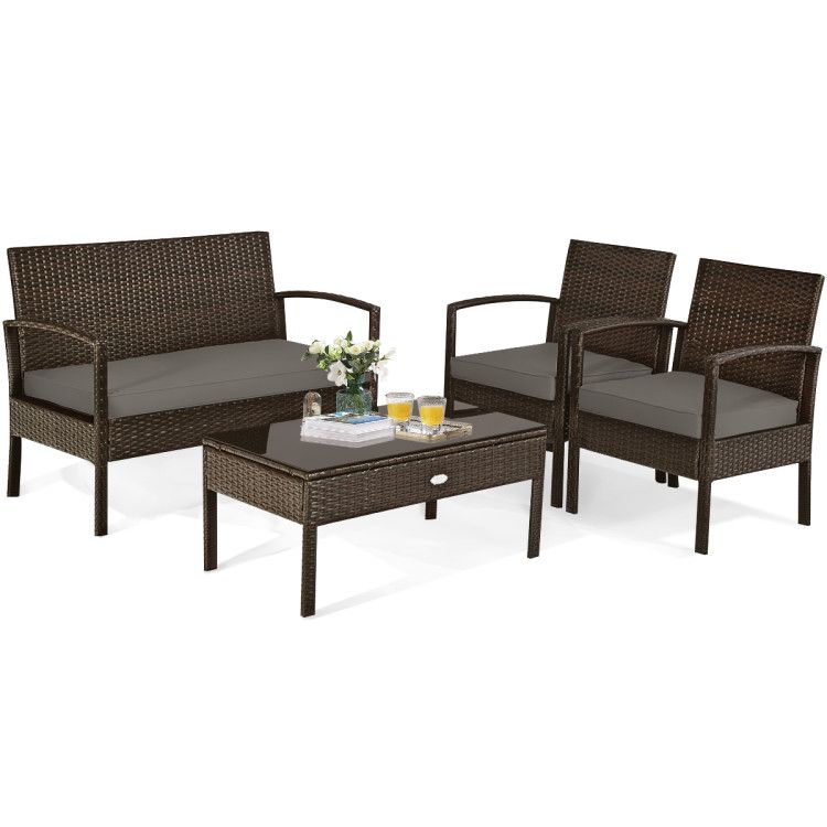 4 Pieces Patio Rattan Cushioned Furniture Set with Loveseat and Table Outdoor Conversation Sets New Era Fashion LLc