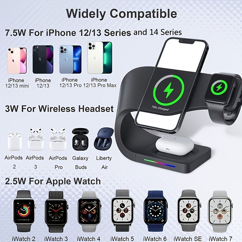 Wireless Charging Station; 3 In 1 Magnetic Fast Charging Wireless Charger Stand For Iphone 14/13/12/11/Pro/X/Max/XS/XR/8/Plus; IWatch7/6/5/4/3/2/SE Airpods 3/2/Pro New Era Fashion LLc