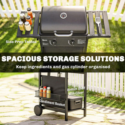 2 Burner Propane Gas Grill, 18000 BTU BBQ Grill with Wheels, Warming Rack, Shelf, Thermometer, Grease Cup, Black New Era Fashion LLc