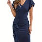 Ruffle Hem Bodycon Dress, Elegant V-neck Flutter Sleeve Dress, Women's Clothing New Era Fashion LLc