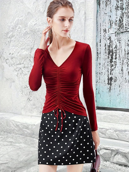 Solid Drawstring Ruched V-neck T-Shirt, Casual Long Sleeve T-Shirt For Spring & Fall, Women's Clothing New Era Fashion LLc