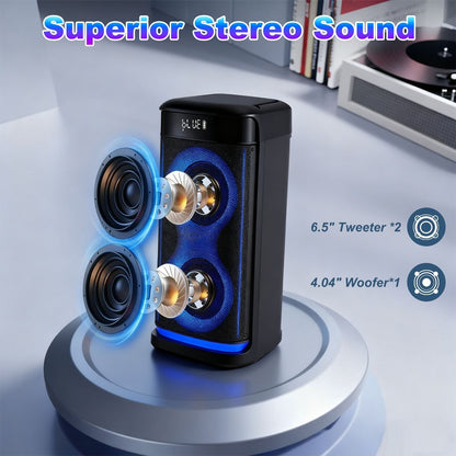 Portable Wireless Party Speaker with LED Light Wireless Mic Remote Control TWS Treble Bass Mic. Echo Music Accompany Mic. Priority Guitar In New Era Fashion LLc